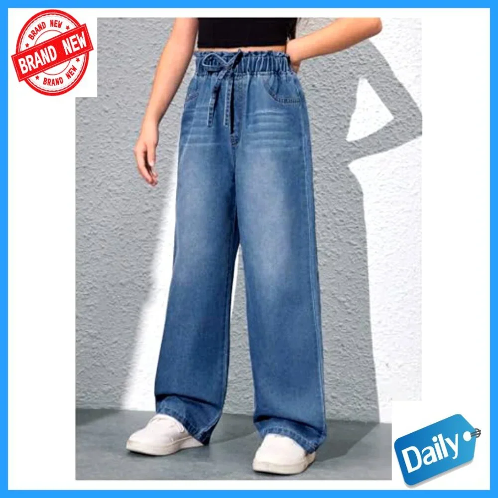 Girls Baggy Wide Leg Jeans High Elastic Waist Straight Leg Denim Pants